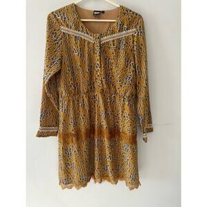 Akino Laude Dress Women’s Medium Animal Print Boho Scoop Neck Mini Tan Bohemian